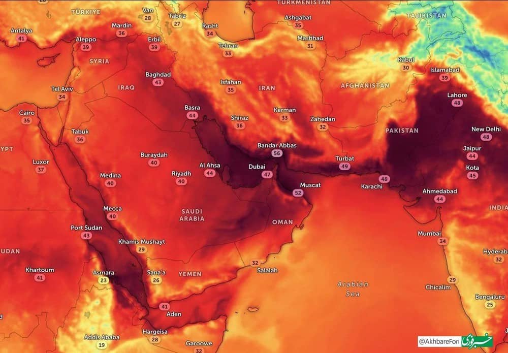 نقشه حرارتی نشان از وضعیت وحشتناک گرم جنوب ایران و خلیج فارس دارد